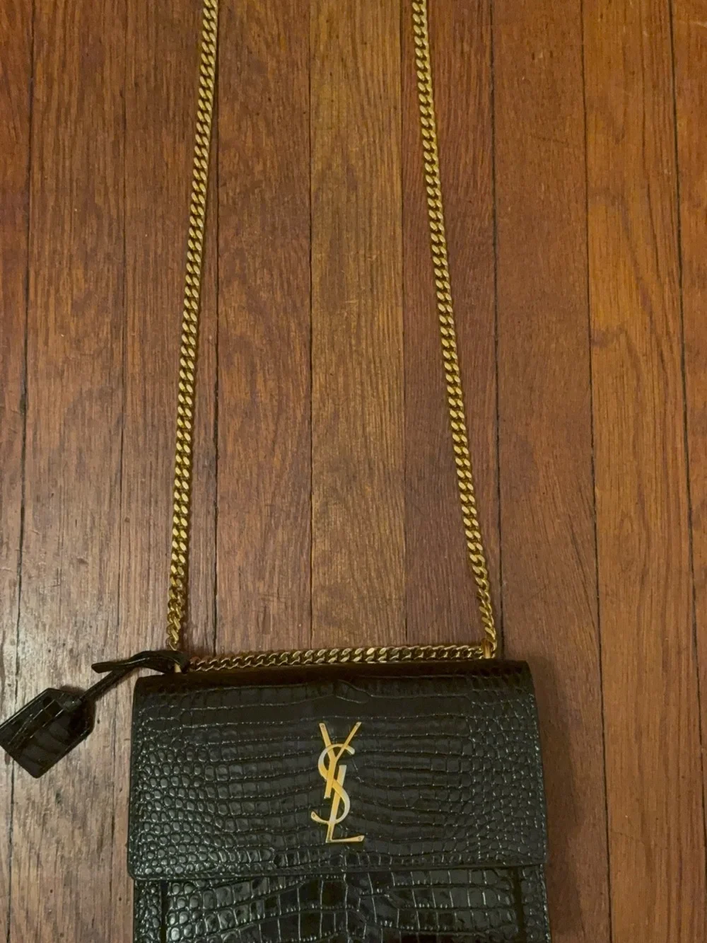 Saint Laurent Black Croc-Embossed YSL Monogram Chain Crossbody